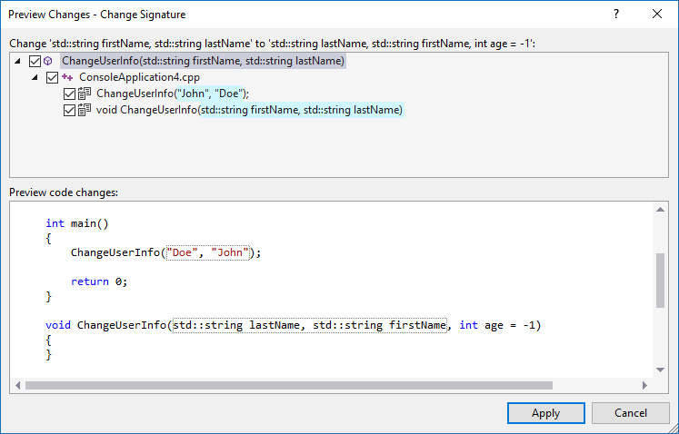 Capture d’écran d’un aperçu de la modification de signature. L’aperçu est présenté pour tous les emplacements où la fonction est appelée afin de vous permettre de vérifier chaque modification.