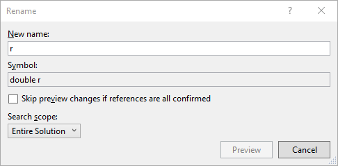 Capture d’écran de la boîte de dialogue Renommer. Elle demande le nouveau nom du symbole et vous permet de spécifier l’étendue des modifications.