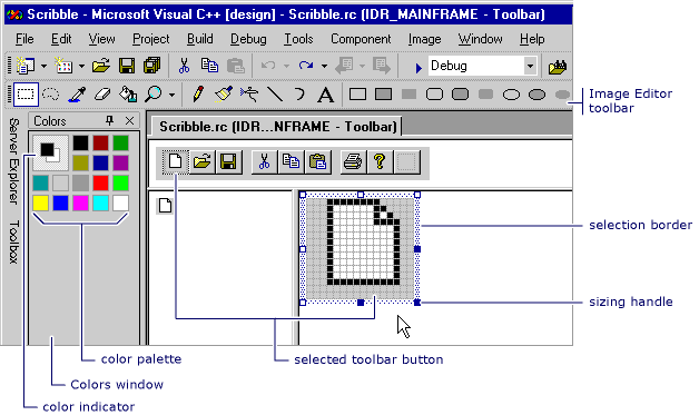 Screenshot of the Toolbar Editor with controls called out.