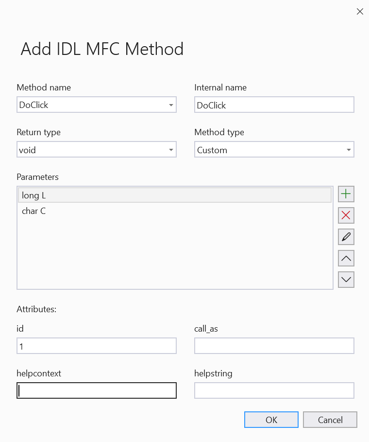 Interface utilisateur de l’Assistant. Nom de la méthode :DoClick, nom interne :DoClick, Type de retour :void, Type de méthode :custom, Parameters :long l, char C, Attributs ID :1.