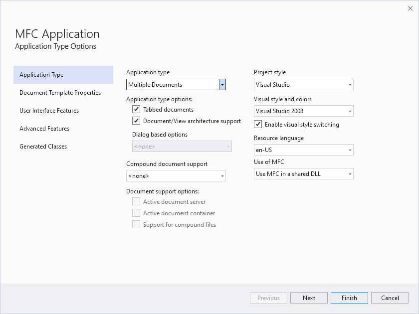 Capture d’écran de l’Assistant Application MFC dans Visual Studios 2022.