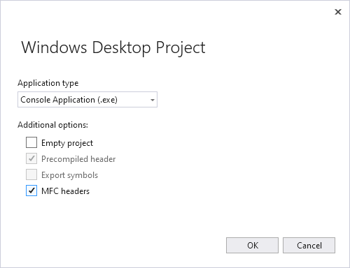 Capture d’écran de l’Assistant Projet de bureau Windows dans Visual Studios 2022.