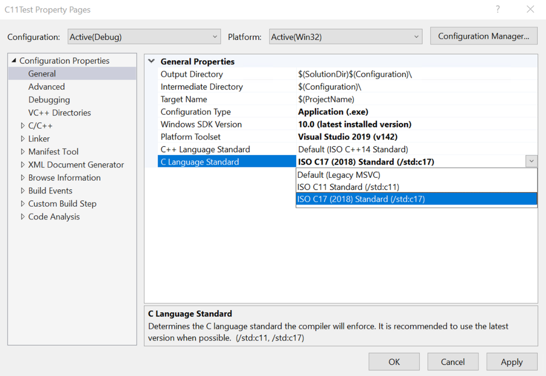 Capture d’écran de la boîte de dialogue Pages de propriétés sur la page Propriétés de configuration Générales, montrant la sélection dans la liste déroulante des propriétés de Norme du langage C comme ISO C 17.