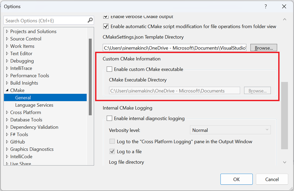 Capture d’écran de la boîte de dialogue d’options CMake