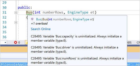 Capture d’écran d’une info-bulle d’analyse du code.