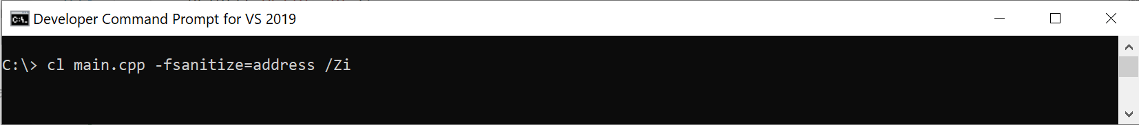 Capture d’écran d’une invite de commandes montrant la commande à compiler avec les options AddressSanitizer. La commande est : 'cl main.cpp -faanitize-address /Zi'.