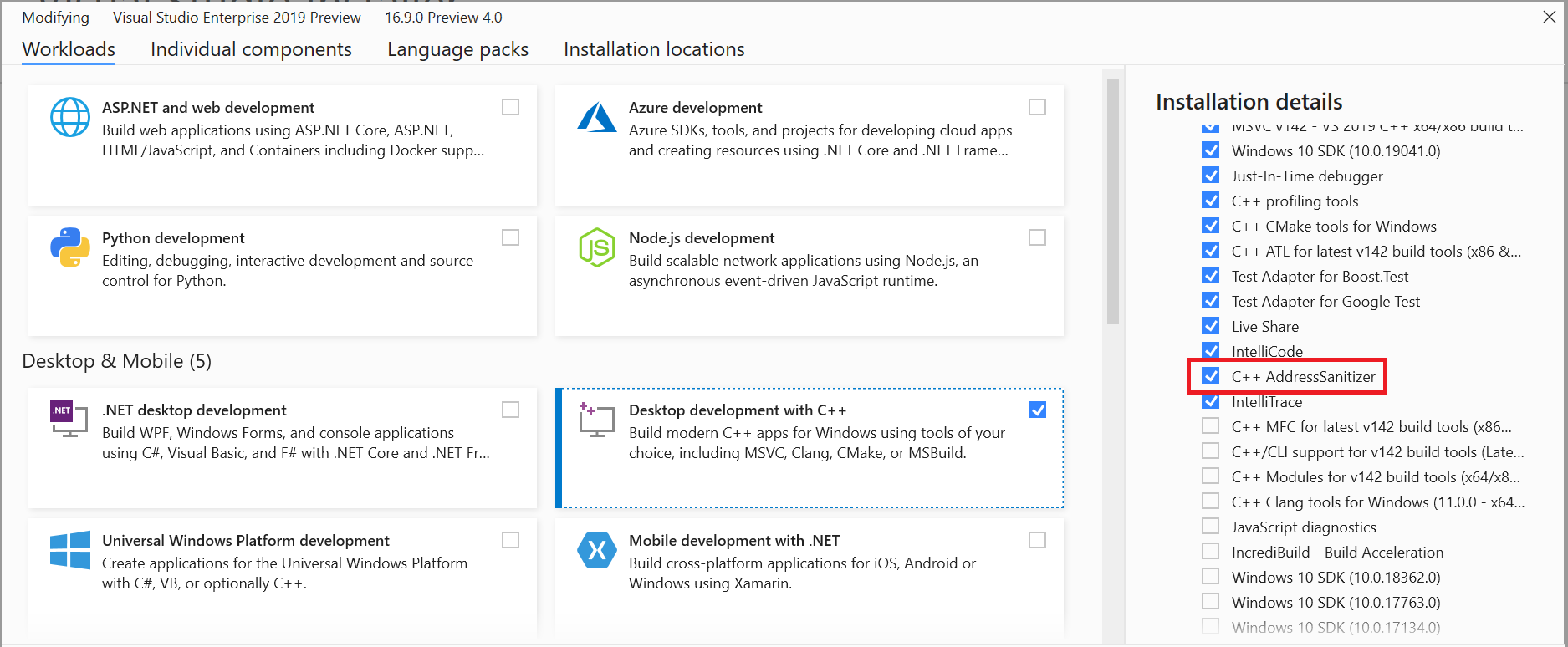 Capture d’écran de Visual Studio Installer. Le composant AddressSanitizer C++, sous la section Facultative, est mis en surbrillance.