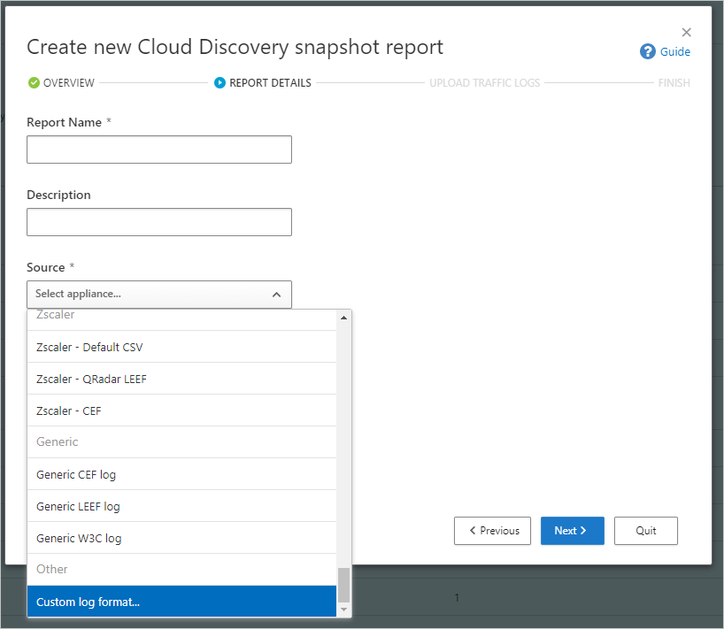 Capture d’écran de la boîte de dialogue Créer un rapport d'instantané Cloud Discovery.