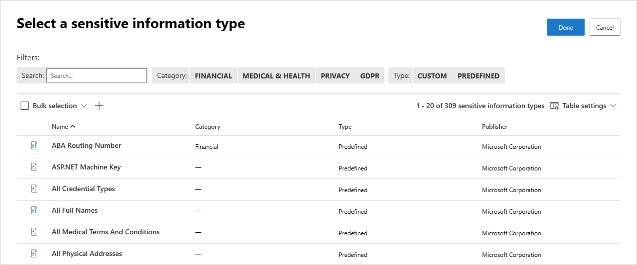 Choisissez le type d’inspection du service de classification des données.