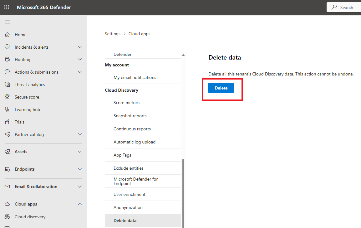 Capture d'écran de la suppression des données Cloud Discovery.