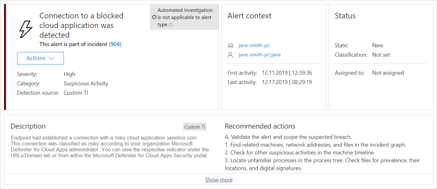 Capture d'écran montrant l'alerte d'application non autorisée de Defender pour point de terminaison.