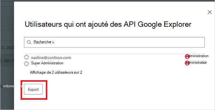 Capture d’écran montrant l’exportation de l’audit d’application OAuth.