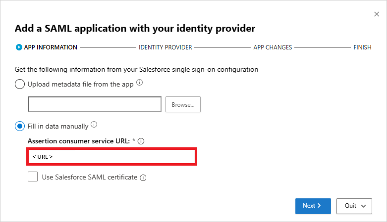 Renseignez manuellement les informations SAML Salesforce.