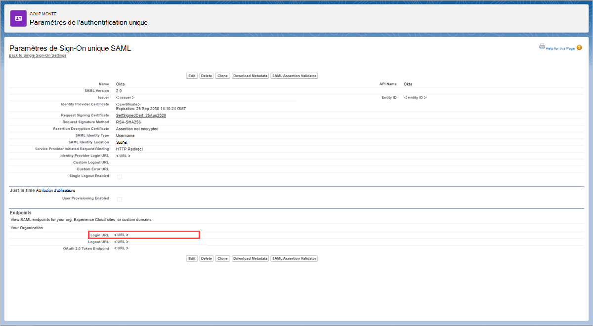 Sélectionnez l’URL de connexion salesforce SSO.