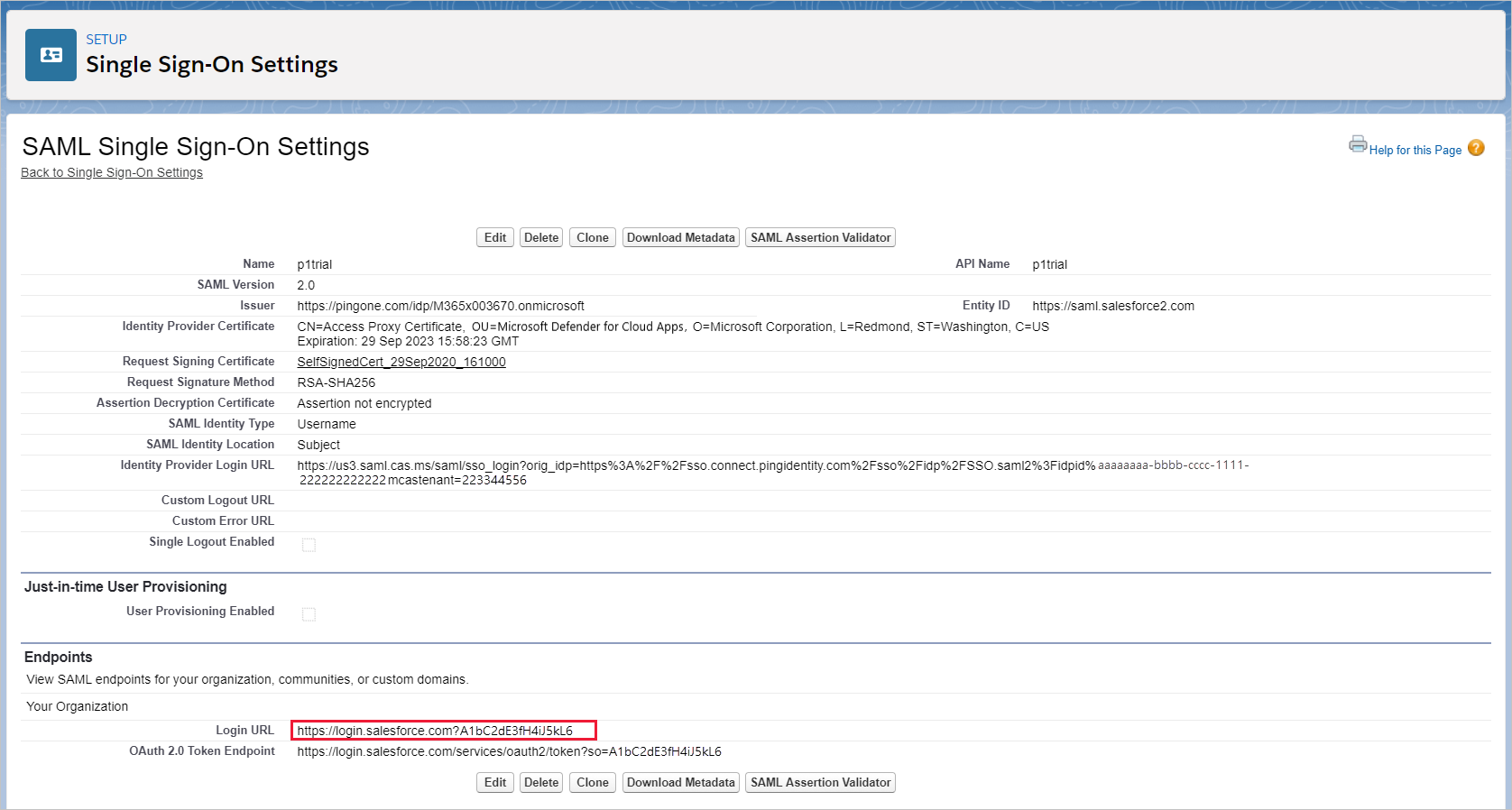 Sélectionnez l’URL de connexion salesforce SSO.