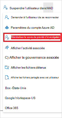 Capture d’écran du lien Réinitialiser le score de priorité d’investigation.