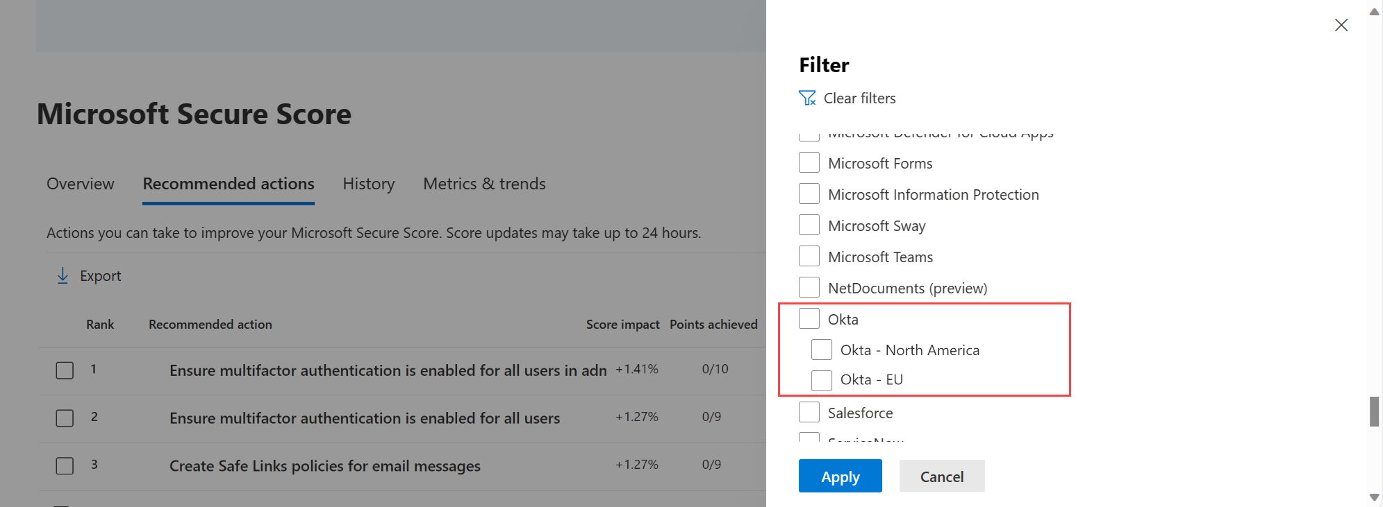 Capture d’écran d’un filtre Secure Score montrant plusieurs instances d’une application.