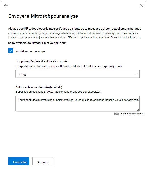 Indiquez s’il faut créer une entrée d’autorisation correspondante pour les éléments du message dans la liste verte/bloquée du locataire.