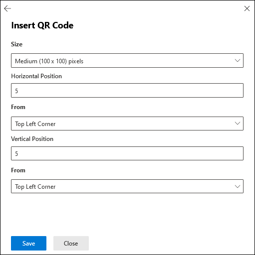 Le menu volant Insérer du code QR à partir de la page Configurer la charge utile de l’Assistant création de nouvelle charge utile.