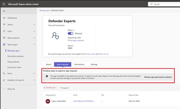 Capture d’écran de l’image bloquée des autorisations de l’application Defender Experts dans Teams.