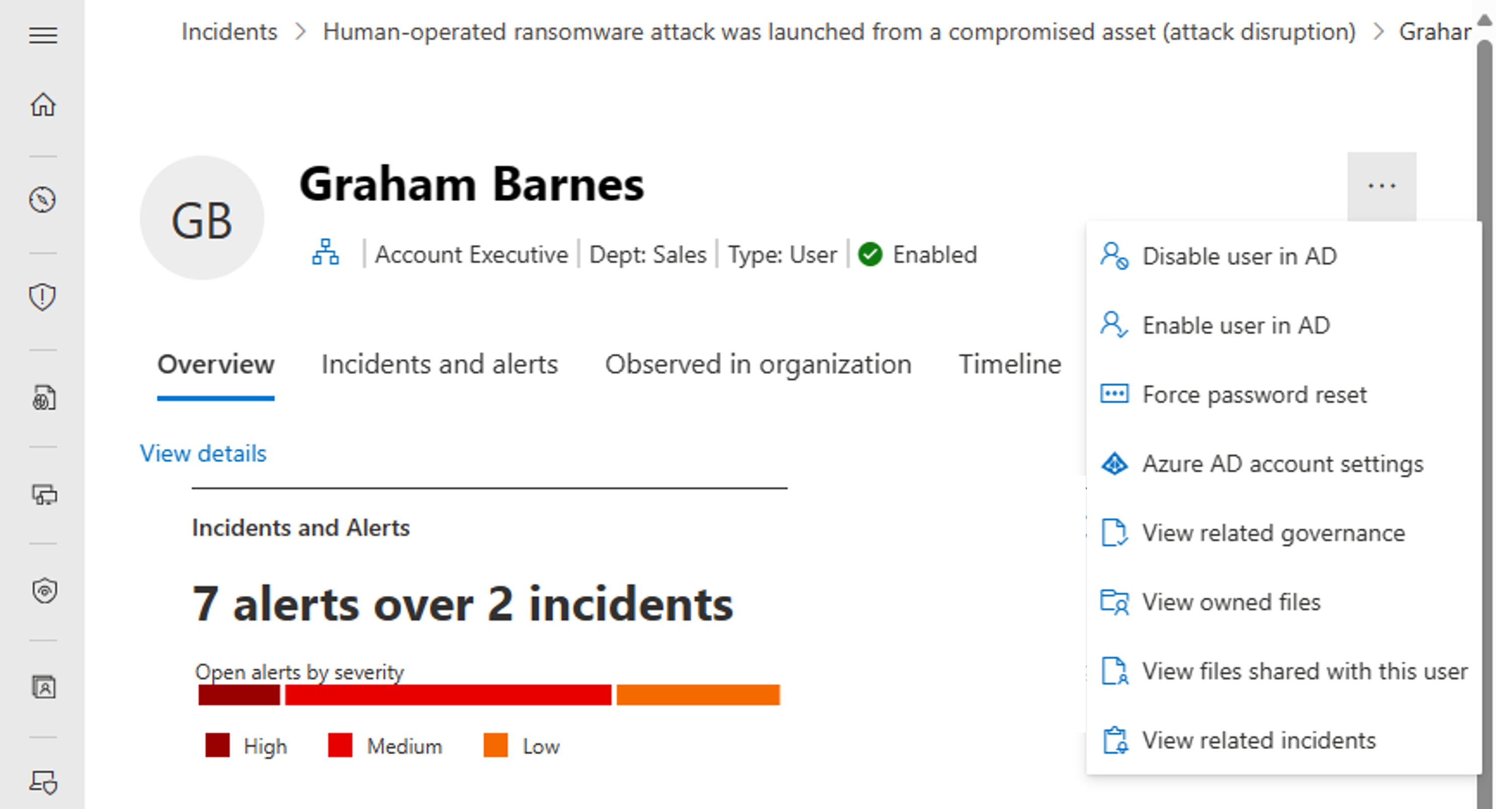 Capture d’écran des actions de correction pour un utilisateur dans le portail Microsoft Defender.