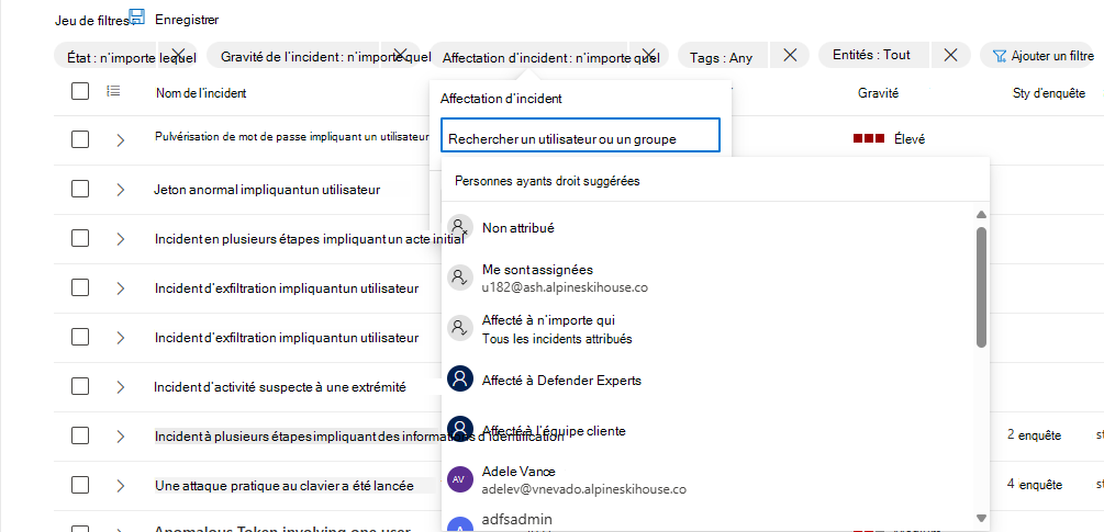 Capture d’écran montrant comment afficher les incidents attribués à un propriétaire dans la page de file d’attente des incidents dans le portail Microsoft Defender.