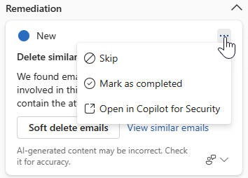 Capture d’écran montrant les options disponibles pour les utilisateurs dans une réponse guidée carte dans le panneau latéral Copilot.