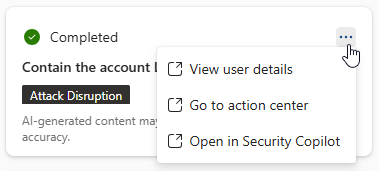 Capture d’écran montrant les options disponibles pour les utilisateurs dans une réponse d’automatisation carte dans le volet Copilot dans Microsoft Defender XDR.