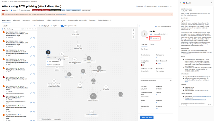 Capture d’écran montrant l’option Résumer dans le volet des détails de l’utilisateur.