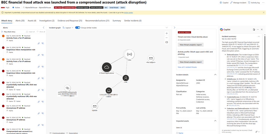 Capture d’écran montrant le résumé de l’incident carte dans le volet Copilot, comme indiqué dans la page d’incident Microsoft Defender.