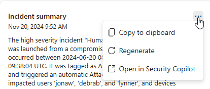 Capture d’écran montrant les actions disponibles sur le résumé de l’incident carte.