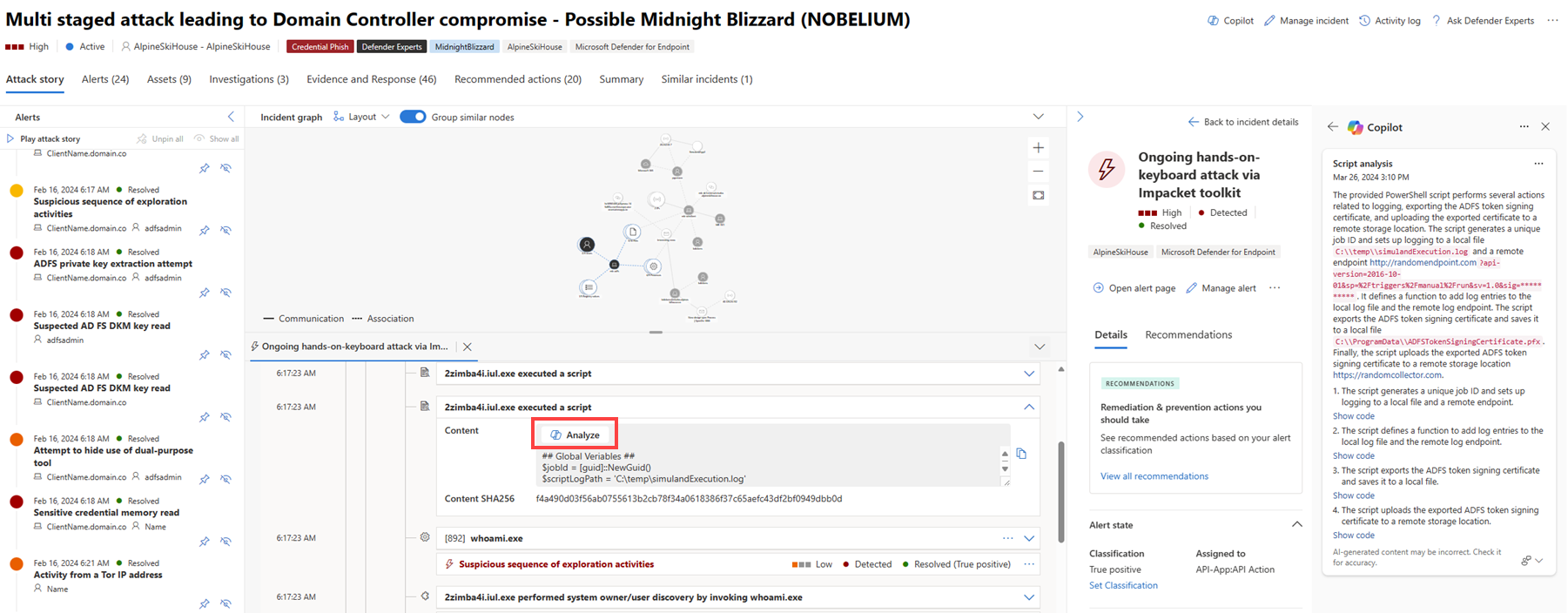 Capture d’écran mettant en évidence le bouton d’analyse de script dans l’affichage du scénario d’attaque dans la page incident.