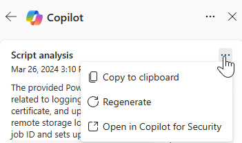 Capture d’écran montrant l’option Plus d’actions dans le carte d’analyse de script Copilot.