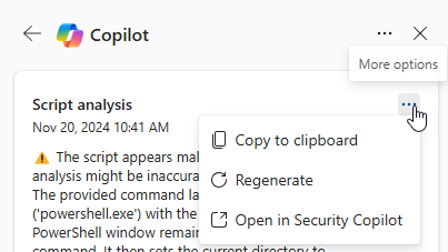 Capture d’écran montrant l’option Plus d’actions dans le carte d’analyse de script Copilot.