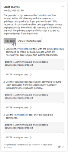 Capture d’écran mettant en évidence l’option Afficher ou masquer le code dans les résultats de l’analyse de script.