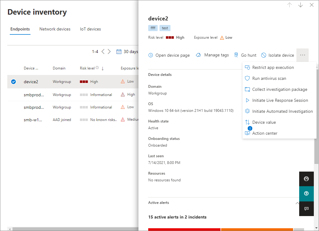 Capture d’écran d’un appareil sélectionné avec les détails et les actions disponibles