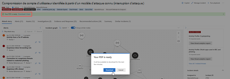 Capture d’écran mettant en évidence le message d’exportation et status lorsque le téléchargement est disponible.