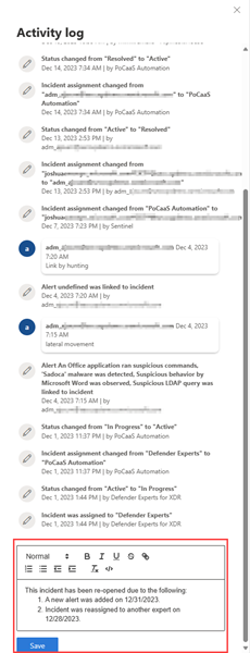 Capture d’écran mettant en surbrillance la zone de commentaire de la page d’incident dans le portail Microsoft Defender.