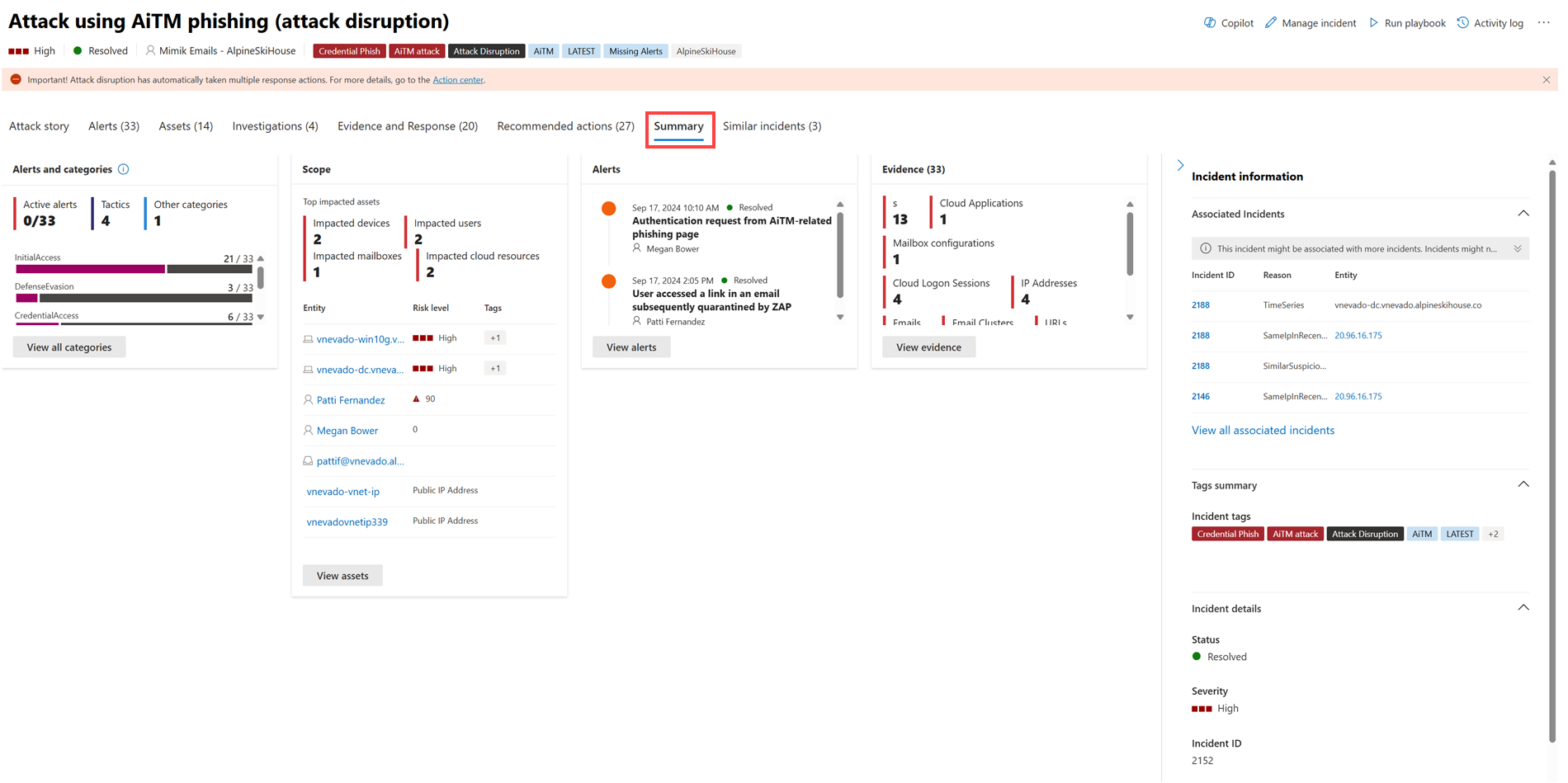 Capture d’écran montrant les informations récapitulatives d’un incident dans le portail Microsoft Defender.