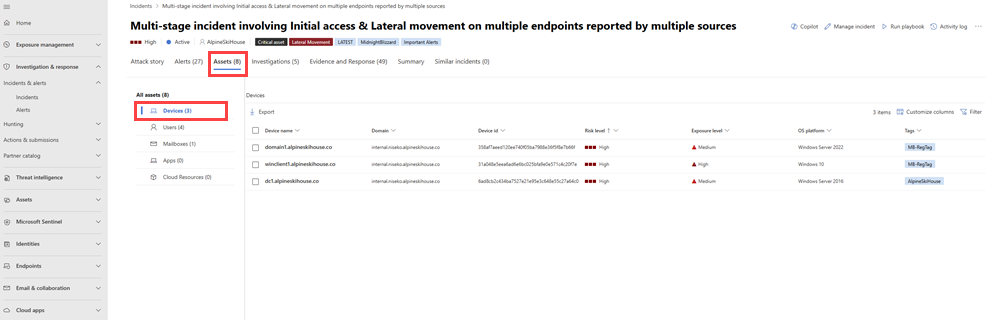 Capture d’écran de l’onglet Ressources mettant en évidence les appareils impliqués dans un incident.