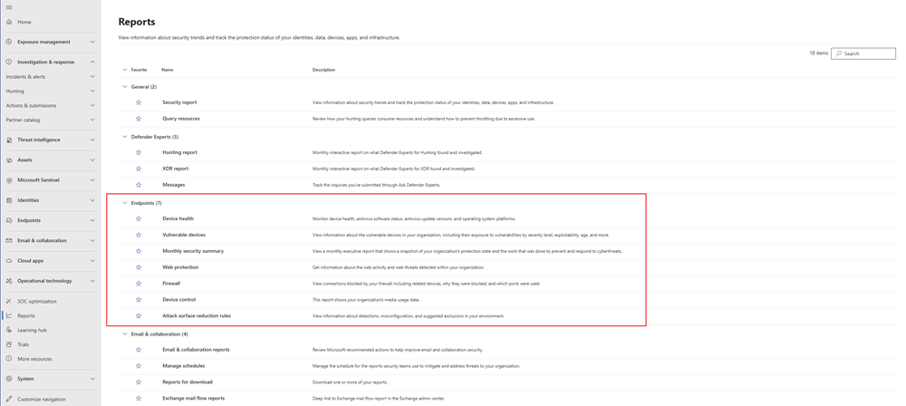 Capture d’écran de la page Rapports mettant en évidence les rapports liés au point de terminaison dans le portail Microsoft Defender.