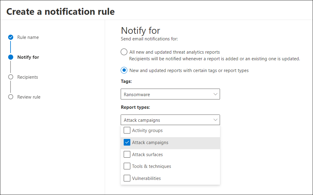 Capture d’écran de l’écran de notification, avec les balises ransomware sélectionnées et un menu déroulant pour les types ouverts