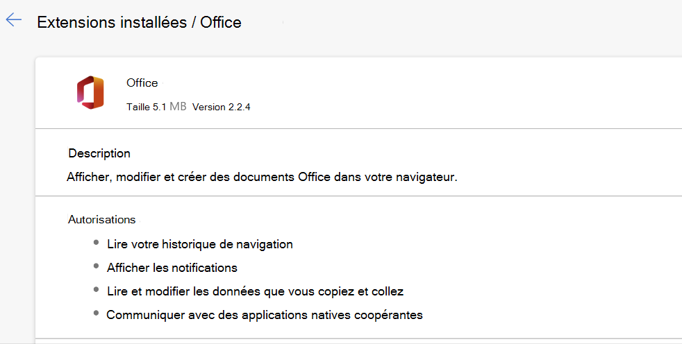 Extension Microsoft Office avec des autorisations.