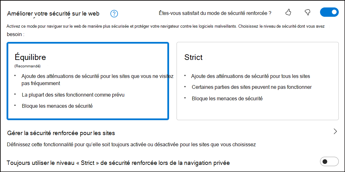 Dialogue pour configurer une sécurité équilibrée sur le web.