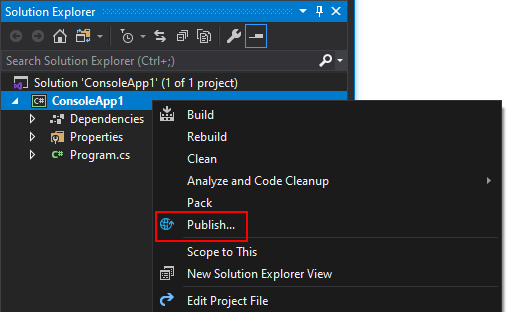 Capture d’écran montrant l’Explorateur de solutions avec un menu contextuel mettant en évidence l’option Publier.