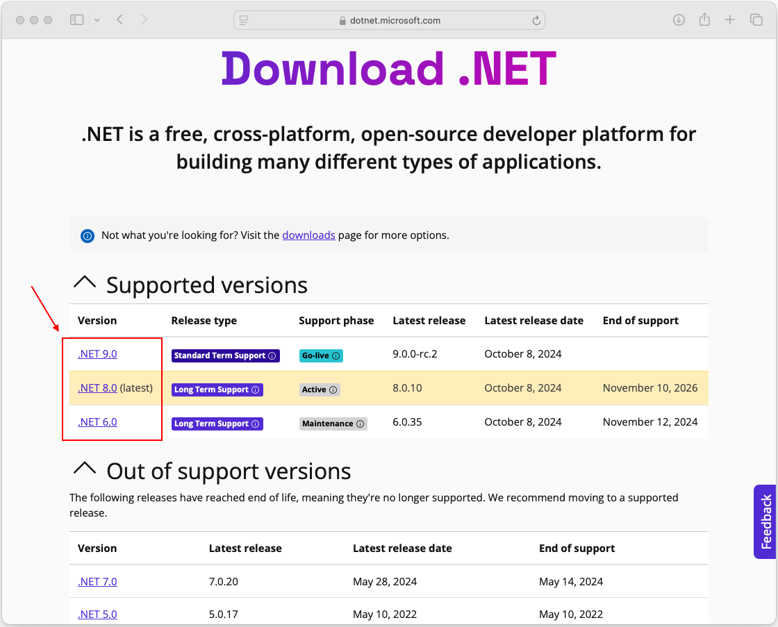 Le site de téléchargement de .NET. Les versions de 6.0 à 9.0 sont répertoriées. Une case rouge met en évidence ces liens de téléchargement.