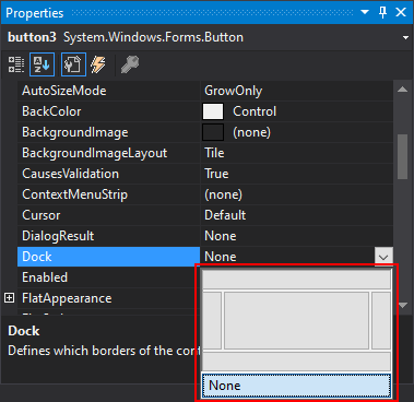 Volet Propriétés de Visual Studio pour .NET Windows Forms avec la propriété Dock développée.