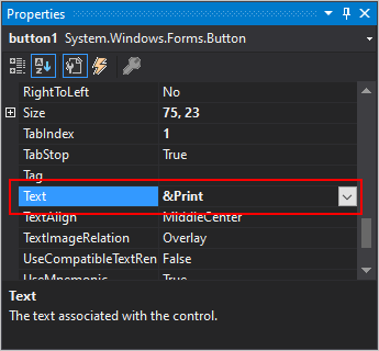 Volet Propriétés de Visual Studio pour les Windows Forms .NET avec la propriété Text affichée.