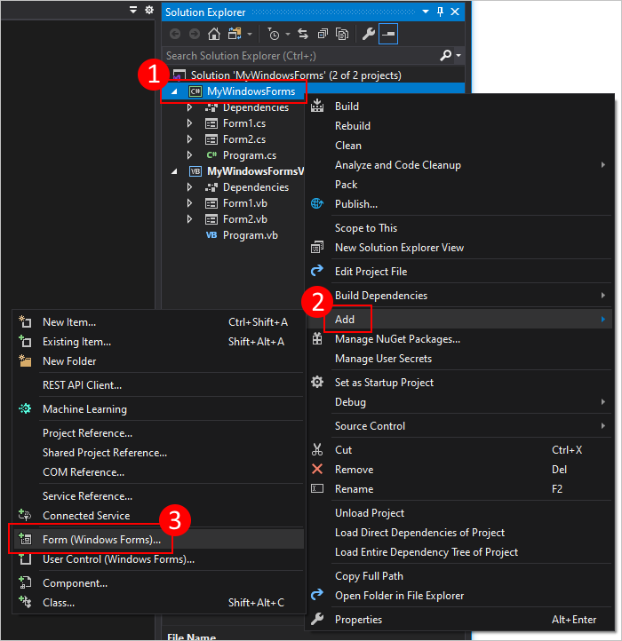 Cliquez avec le bouton droit sur l’Explorateur de solutions pour ajouter un nouveau formulaire au projet Windows Forms