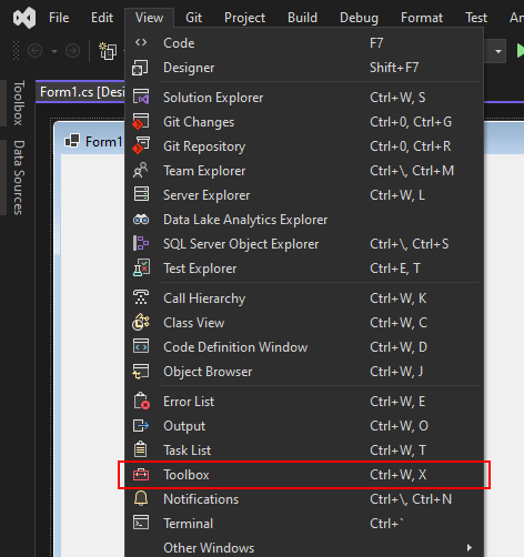 Menu affichage avec l’élément de boîte à outils mis en surbrillance dans un projet Windows Forms Visual Studio 2022.